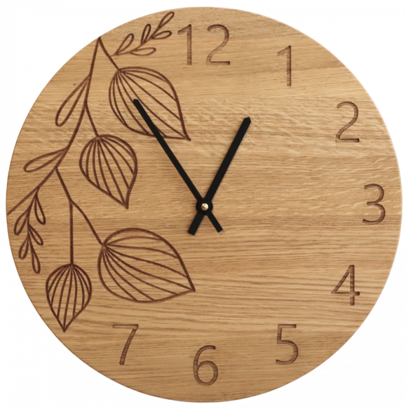 Dřevěné hodiny LEAVES – přírodní motiv listů, dubové dřevo, ruční výroba