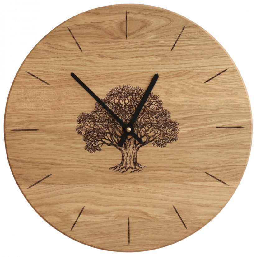 Dřevěné hodiny OAK – dubové hodiny s gravírovaným stromem, přírodní motiv